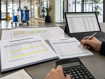 Ein Bürogebäude mit einem Reinigungswagen im Flur. Im Vordergrund ein Gebäudeplan und ein Leistungsverzeichnis mit verschiedenen Positionen.