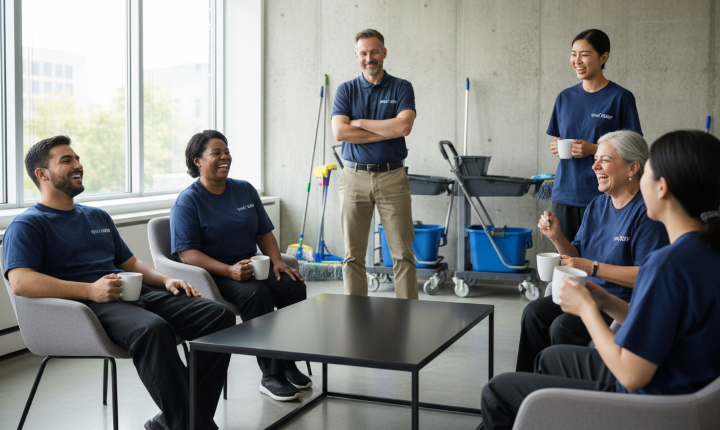 Eine Gruppe Reinigungsfachkräfte, die nach Feierabend zusammensitzen und gemeinsam Kaffeetrinken und sich austauschen