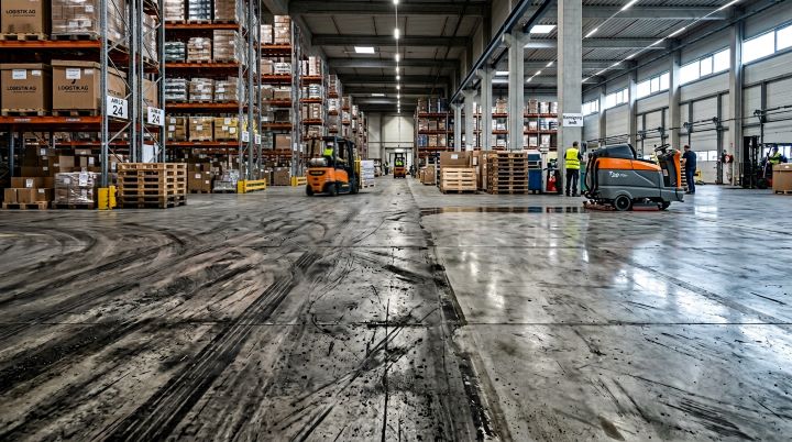 Beispielhaftes Bild für einen Industrieboden, der durch falsche Reinigung stark beschädigt erscheint. Gleichzeitig zeigt das Bild, wie der Boden aussieht, wenn rechtzeitig eingegriffen und korrekt gereinigt wird.