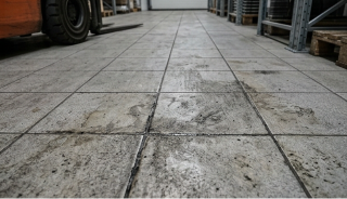 Hartboden (Feinsteinzeug, Naturstein) mit stark beschädigter Oberflächenstruktur durch falsche Reinigung