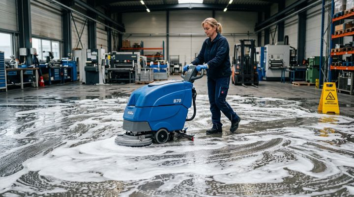 Industrieboden, der gereinigt wird. Reinigungsmittel sind jedoch stark überdosiert und auf dem Boden befinden sich Rückstände und starke Schlieren