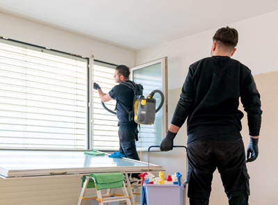 Lehrling bringt Meister Zubehör für Fensterputzen